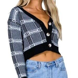 Princess Polly Cropped Cardigan Sweater Size S/M Black White Plaid Dark Academia